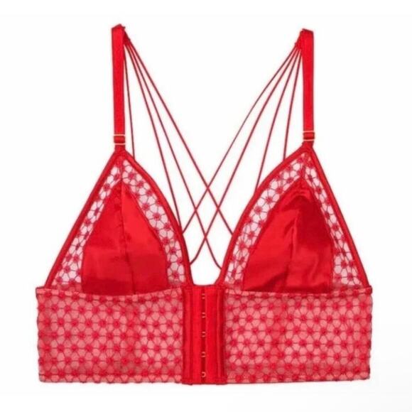 Victoria Secret Luxe Starburst Long Line Triangle Bra Red Sexy Strappy Satin M - Picture 1 of 16